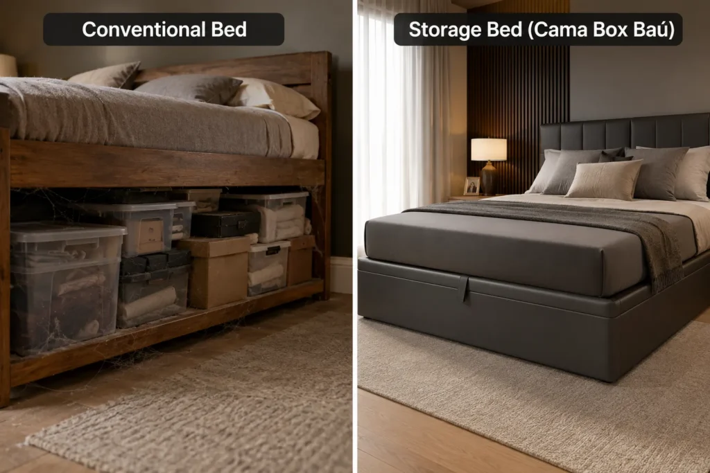 Comparativo visual de quarto bagunçado com caixas sob cama comum versus quarto organizado usando cama box baú fechada.