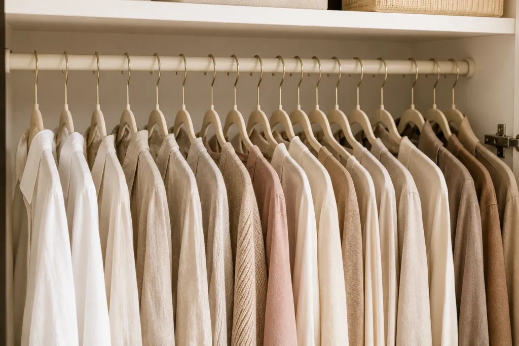 Armário compacto com roupas penduradas em cabides finos de veludo bege perfeitamente alinhados.