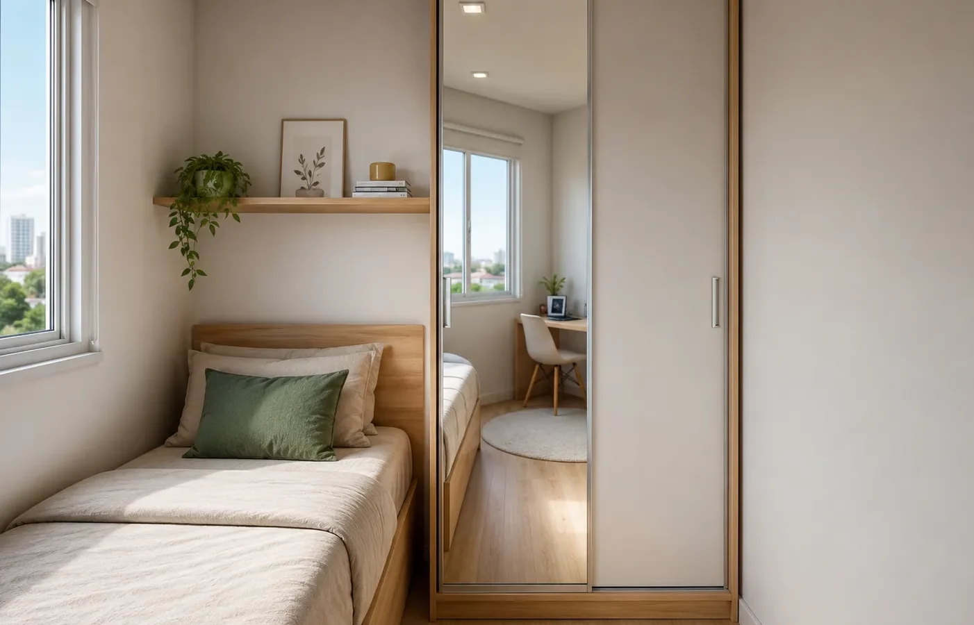 Guarda-roupa pequeno solteiro com porta de correr e espelho em um quarto moderno e compacto.