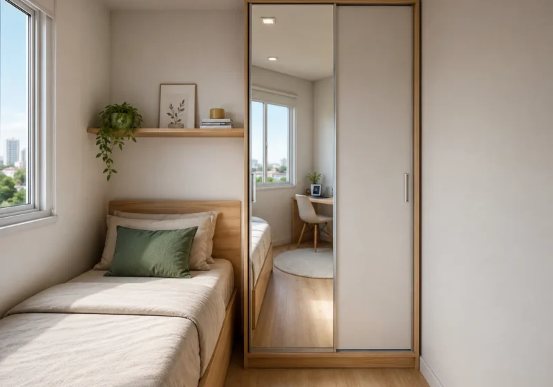 Guarda-roupa pequeno solteiro com porta de correr e espelho em um quarto moderno e compacto.