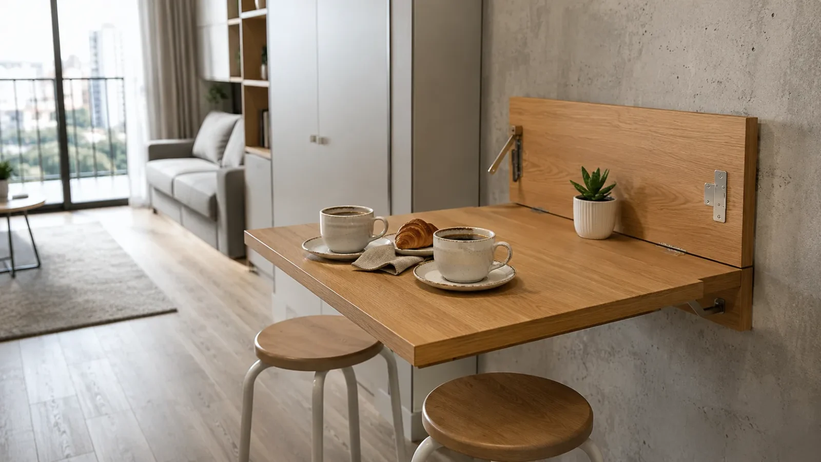 Mesa dobrável para apartamento pequeno feita de madeira clara aberta em uma cozinha minimalista.