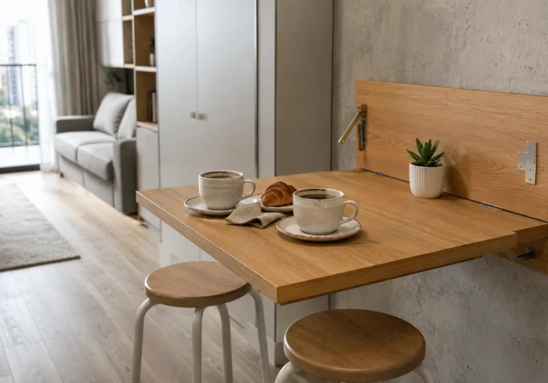Mesa dobrável para apartamento pequeno feita de madeira clara aberta em uma cozinha minimalista.