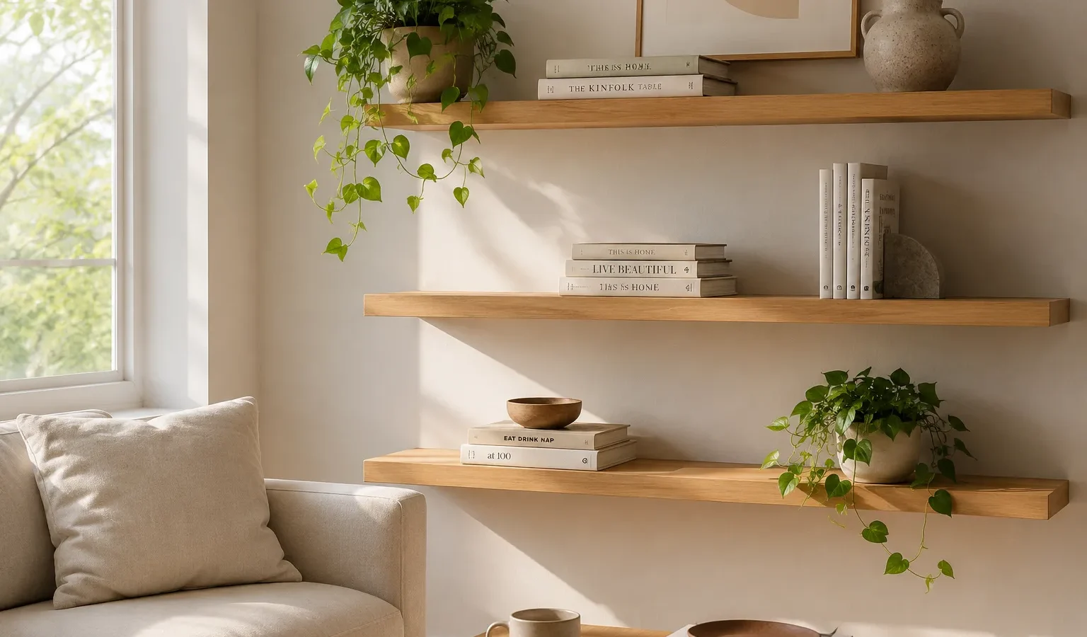 Prateleiras na decoração flutuantes de madeira clara em parede cinza decoradas com livros, vaso minimalista e planta pendente em sala iluminada.