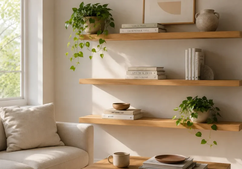 Prateleiras na decoração flutuantes de madeira clara em parede cinza decoradas com livros, vaso minimalista e planta pendente em sala iluminada.
