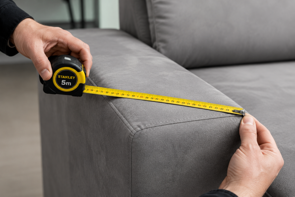 Detalhe de fita métrica avaliando as dimensões e qualidade de acabamento do tecido de um sofá compacto.