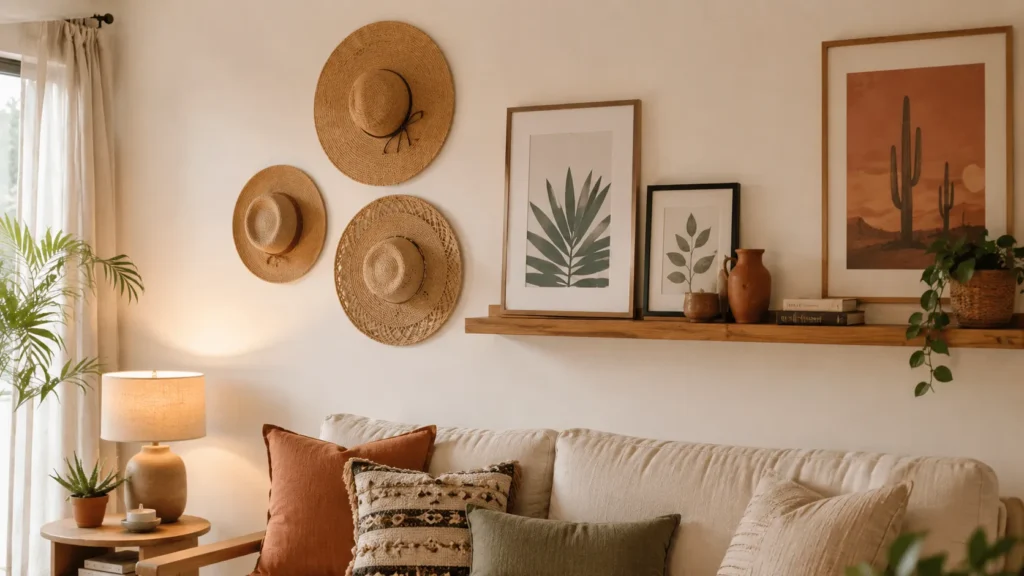 Parede decorada com chapéus de palha e quadros botânicos em decoração estilo boho.