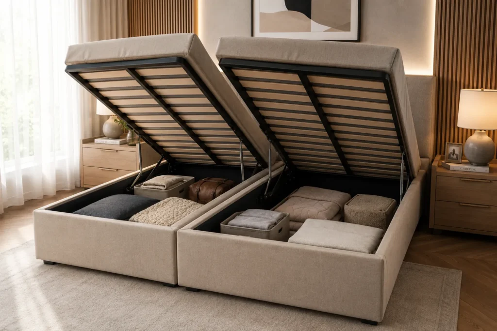 Modelo de cama box baú bipartida para quarto de casal com módulos independentes de armazenamento.