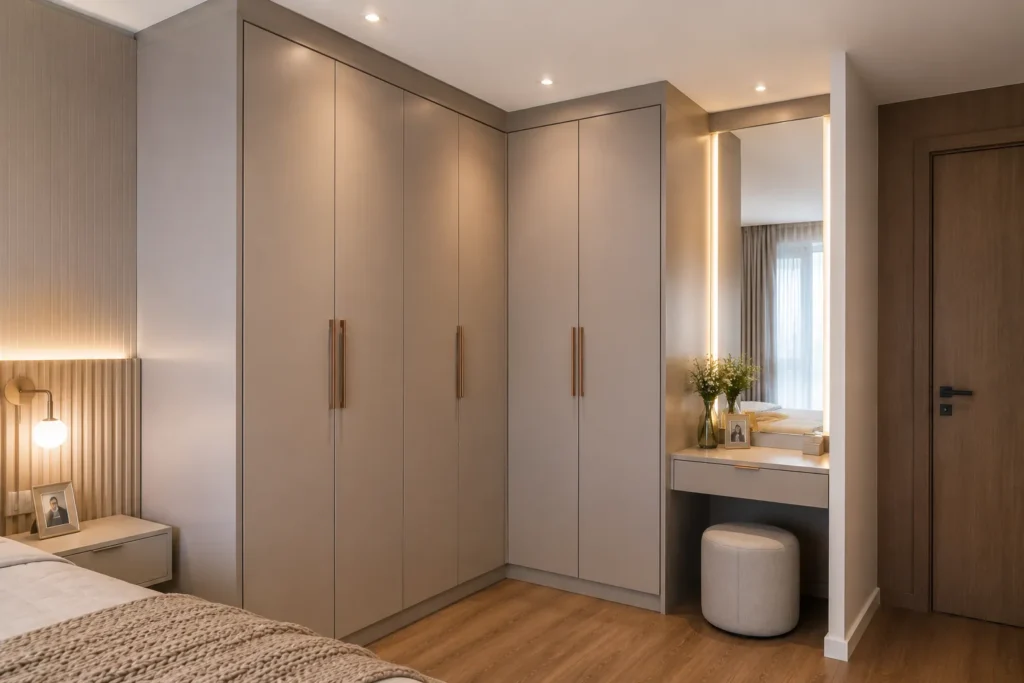 Guarda-roupa modulado casal pequeno em L aproveitando o canto do quarto compactado de forma eficiente.