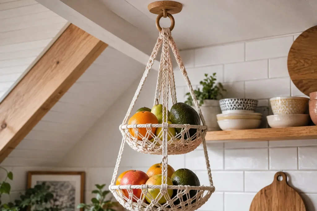 Fruteira suspensa de macramê artesanal em algodão com frutas frescas em uma cozinha decorada no estilo boho