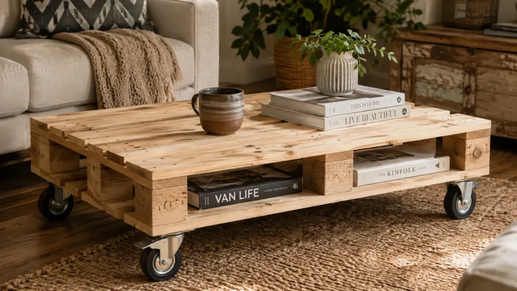 Mesa de centro feita de paletes em projeto de decoração de sala simples e barata.