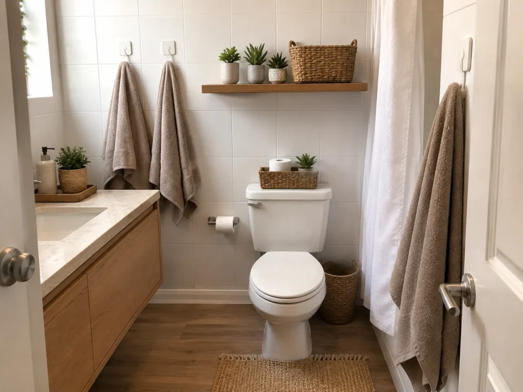 Soluções sem obra como piso vinílico e prateleiras na decoração de banheiro pequeno alugado.