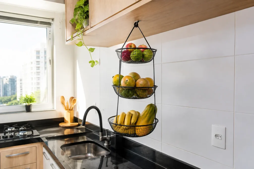 Fruteira suspensa aramada de 3 andares instalada abaixo do armário de cozinha liberando espaço na bancada.