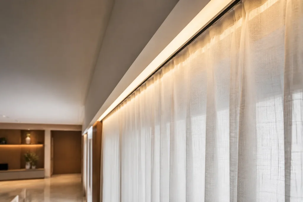 Cortina para sala pequena embutida em cortineiro de gesso com iluminação LED
