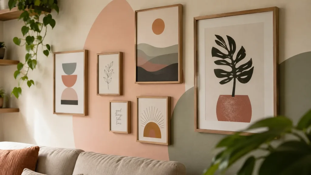 Galeria de quadros para decoração de sala simples e barata com molduras acessíveis.
