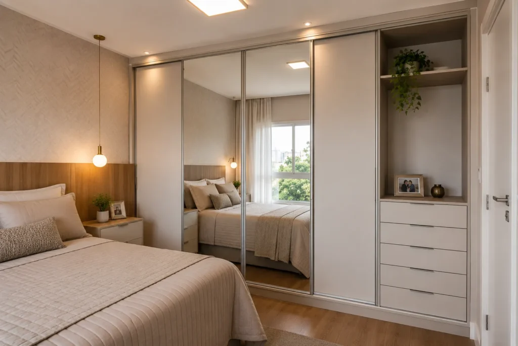 Quarto de casal pequeno decorado com um guarda-roupa modulado casal pequeno de portas de correr espelhadas para otimizar espaço.