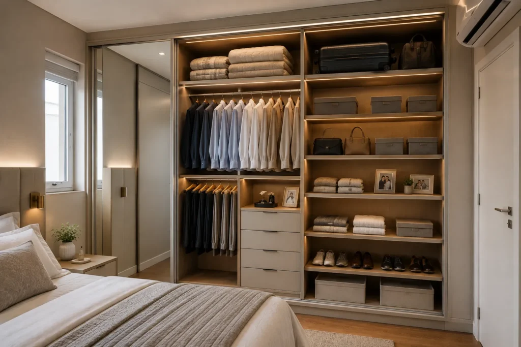 Detalhe interno organizado de um guarda-roupa modulado casal pequeno em MDF, mostrando cabideiros, gavetas e maleiro.