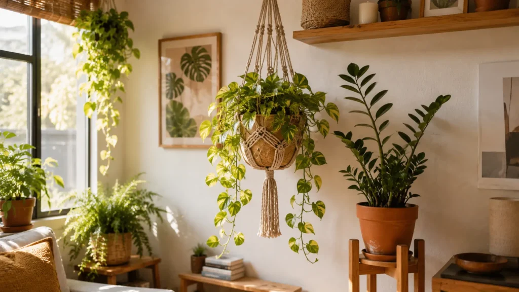 Jiboia em suporte de macramê integrando a decoração estilo boho em apartamento compacto.