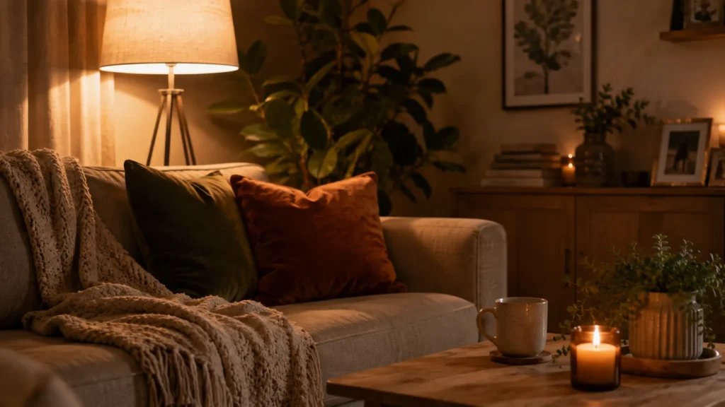 Iluminação quente e mantas compondo uma decoração de sala simples e barata e acolhedora.