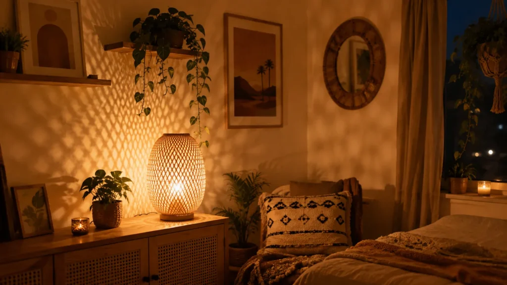Luminária com cúpula de vime emitindo luz quente na decoração estilo boho.