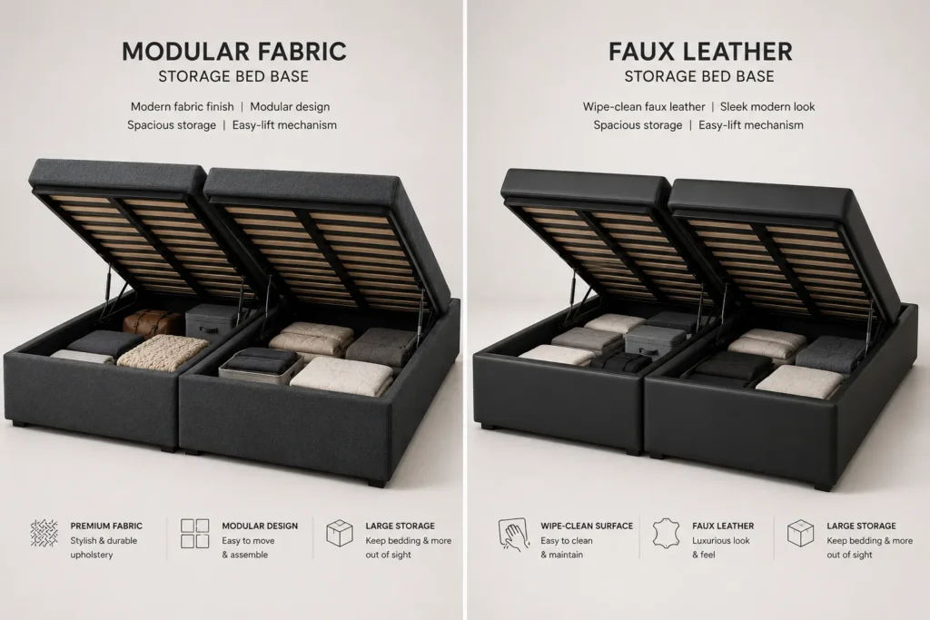 Comparativo direto entre modelos de cama box baú de tecido sintético e acabamento em courvin impermeável.