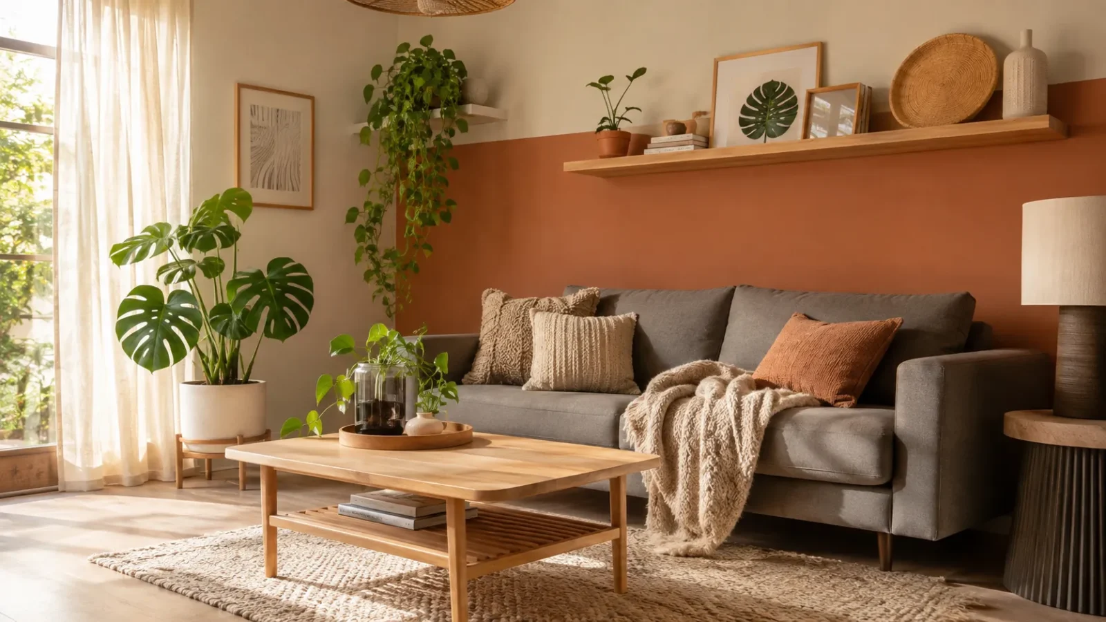 Decoração de sala simples e barata com sofá cinza, parede terracota e plantas suspensas.
