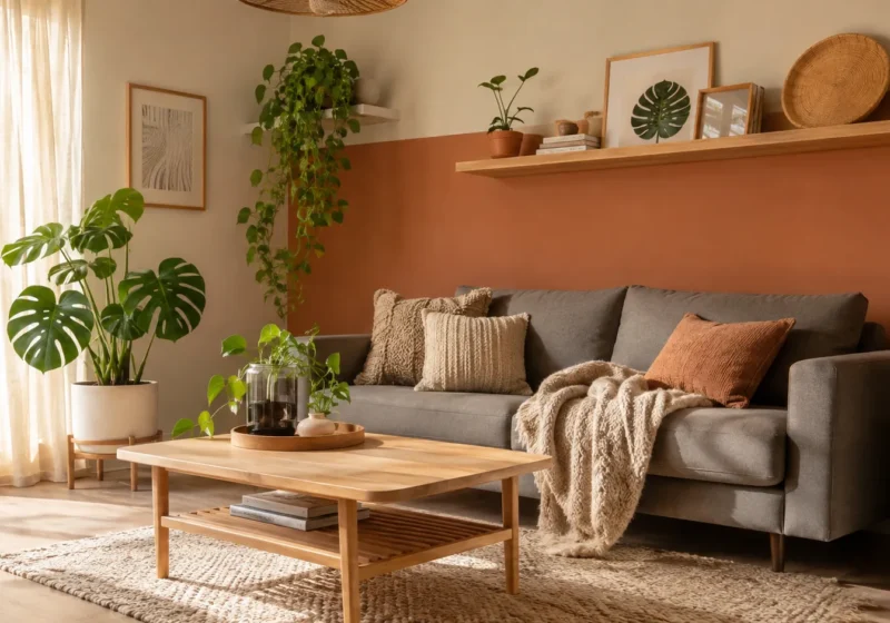 Decoração de sala simples e barata com sofá cinza, parede terracota e plantas suspensas.
