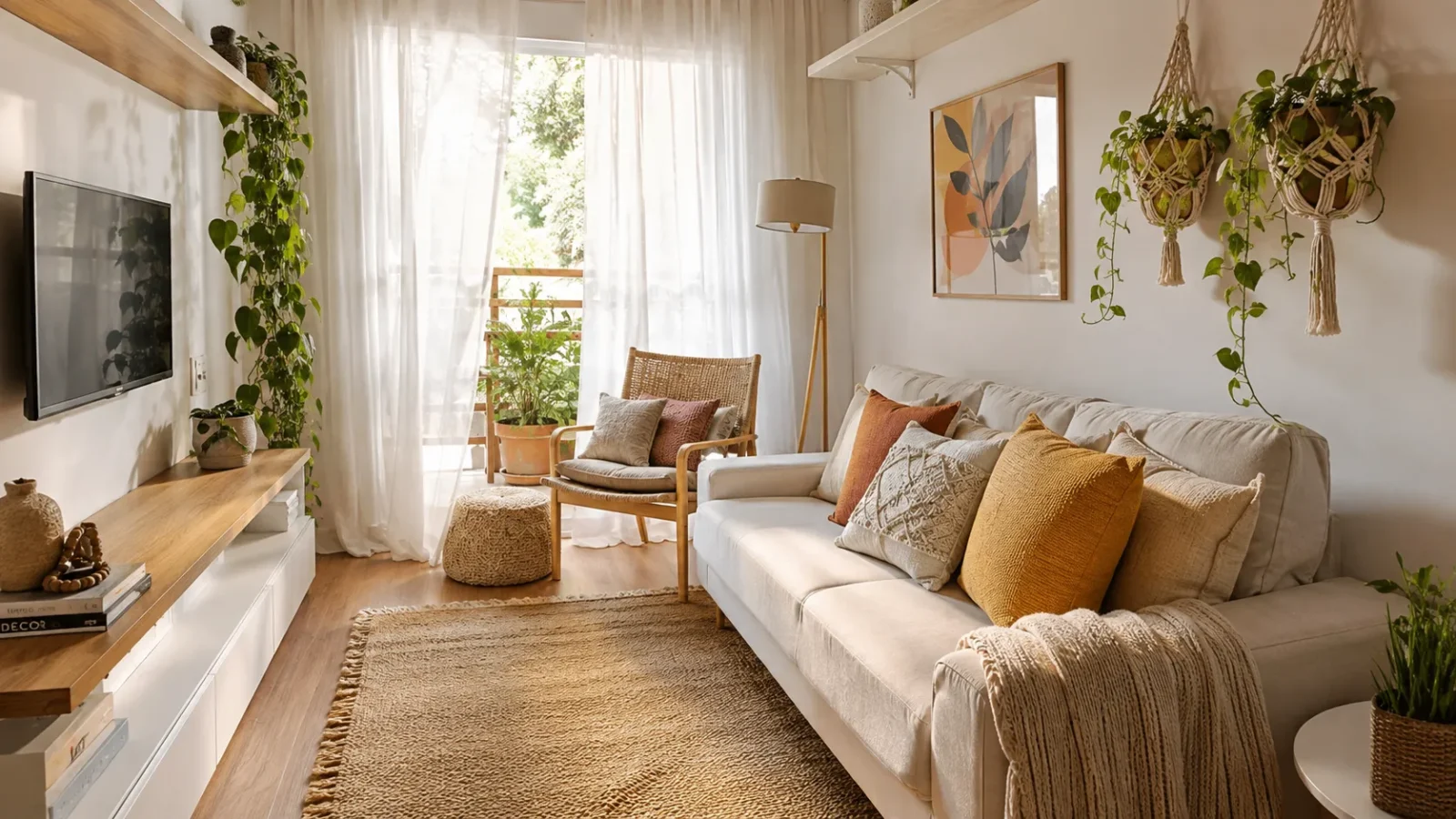 Decoração estilo boho em sala de apartamento pequeno com almofadas terrosas e plantas suspensas.