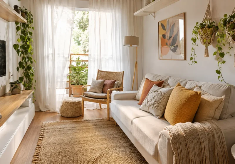 Decoração estilo boho em sala de apartamento pequeno com almofadas terrosas e plantas suspensas.