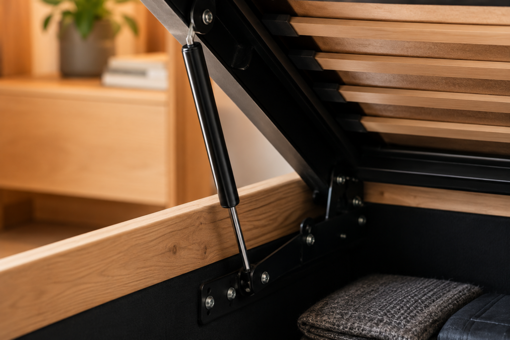 Detalhe do amortecedor e pistão a gás resistente fixado na estrutura de madeira da melhor cama box baú.