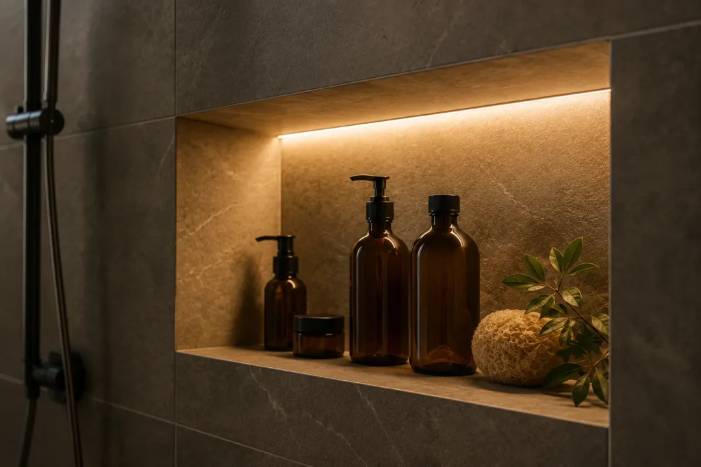 Iluminação de fita LED impermeável aplicada no nicho de parede banheiro para destaque decorativo