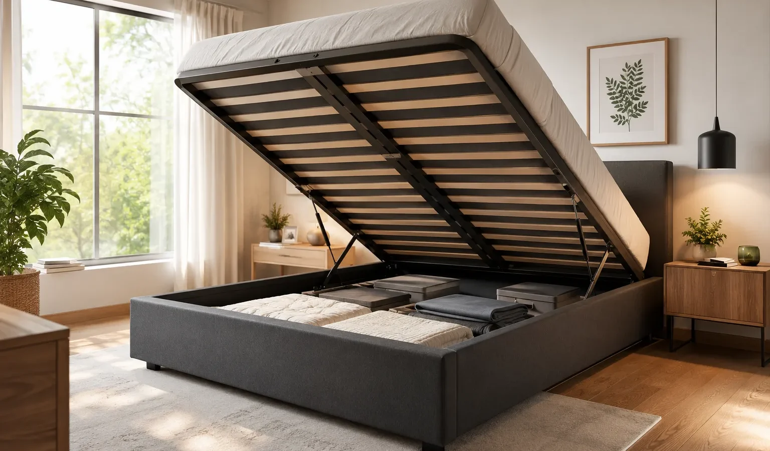 Melhor cama box baú casal aberta mostrando o mecanismo de pistão a gás e espaço interno no quarto
