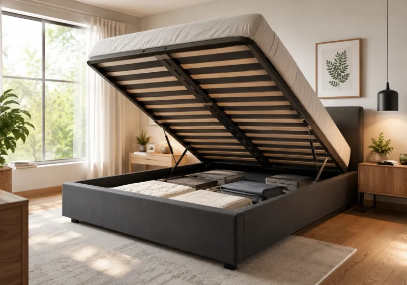 Melhor cama box baú casal aberta mostrando o mecanismo de pistão a gás e espaço interno no quarto