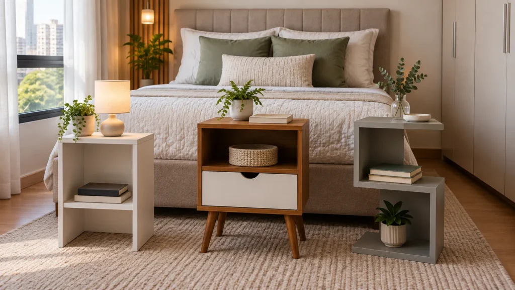 Diferentes modelos de mesa de cabeceira pequena para quarto