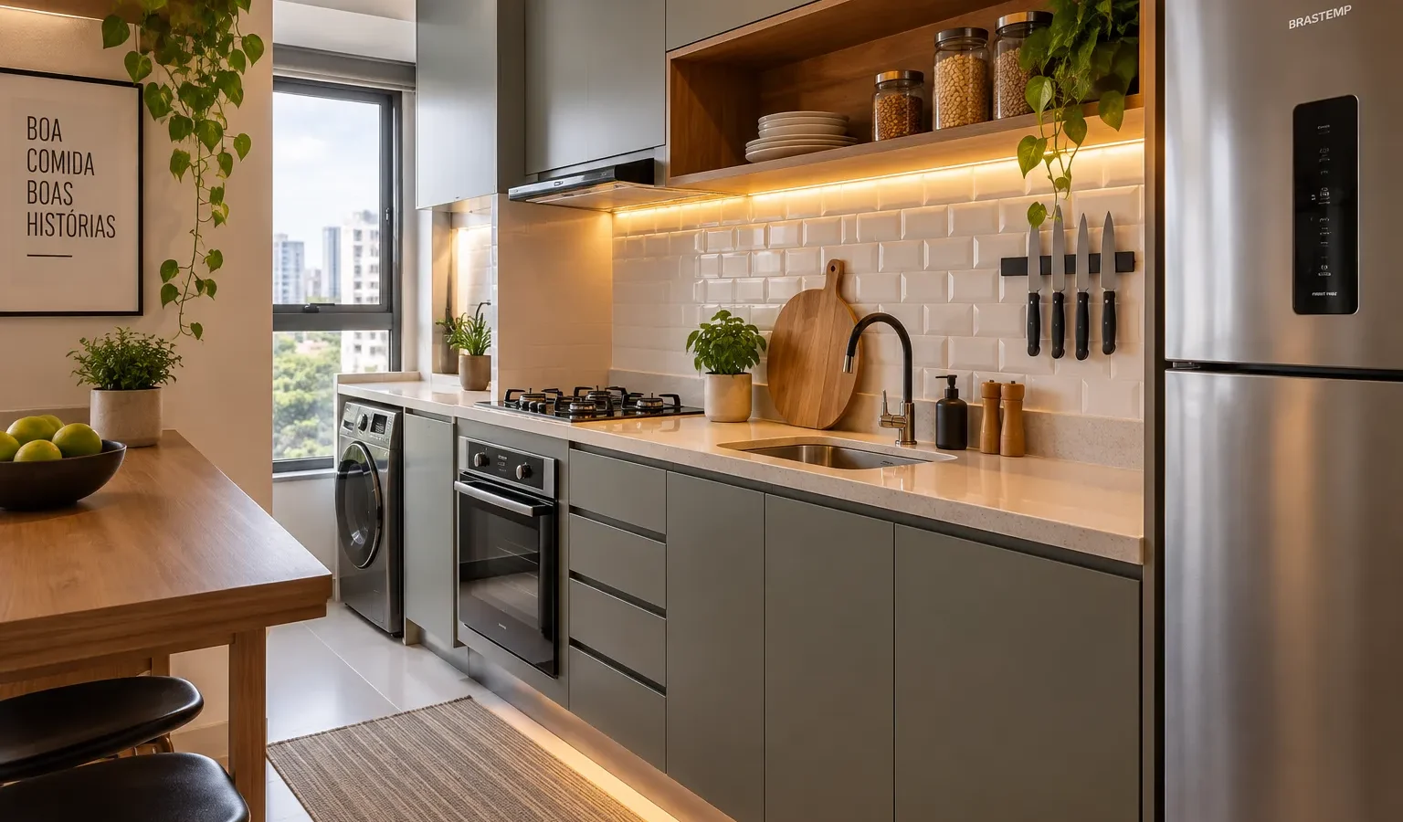 Espaço de preparo limpo para manter a cozinha pequena organizada.