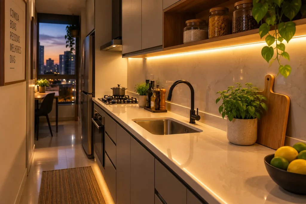Iluminação embutida valorizando o ambiente de uma cozinha pequena organizada.